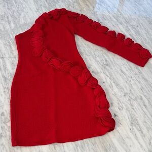 Farm to Rio - Elegant Red Rose one shoulder  3D Dress with Floral Accents.